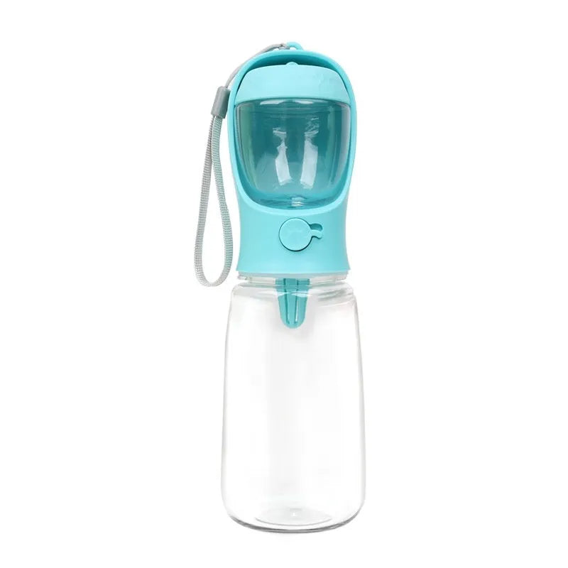 Blue two-in-one dog water cup showing combined drinking bowl and water storage bottle design