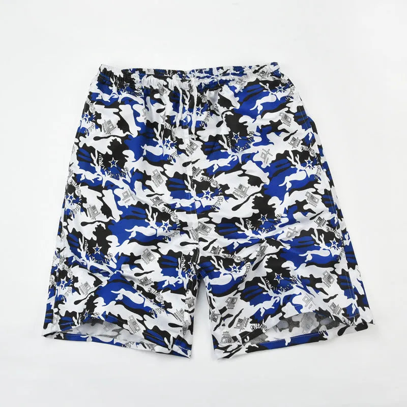 Men's floral print five-point swimming trunks in polyester, showing one of 24 available colour patterns.