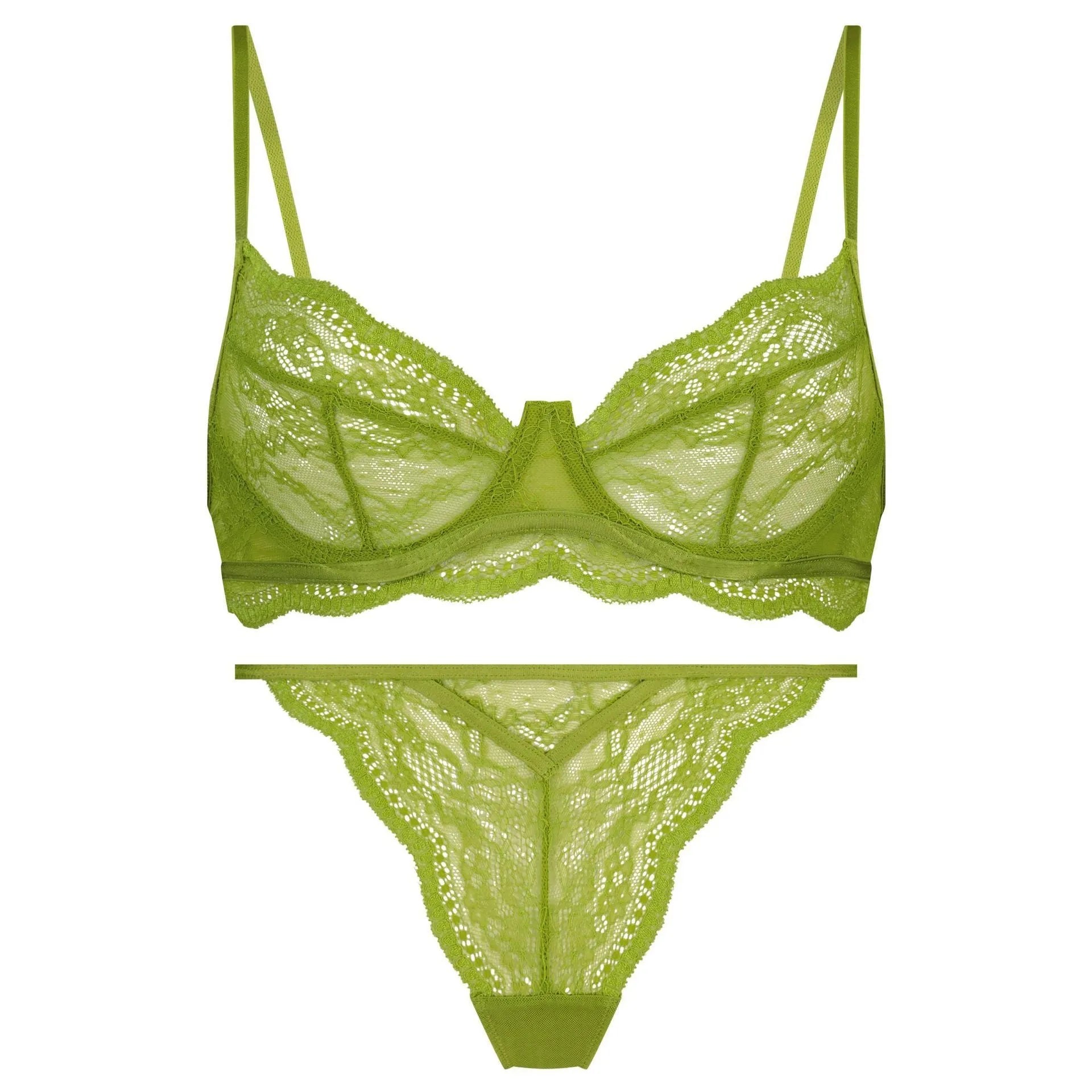 Women's black red green nylon French bra bikini set with fixed double-shoulder straps