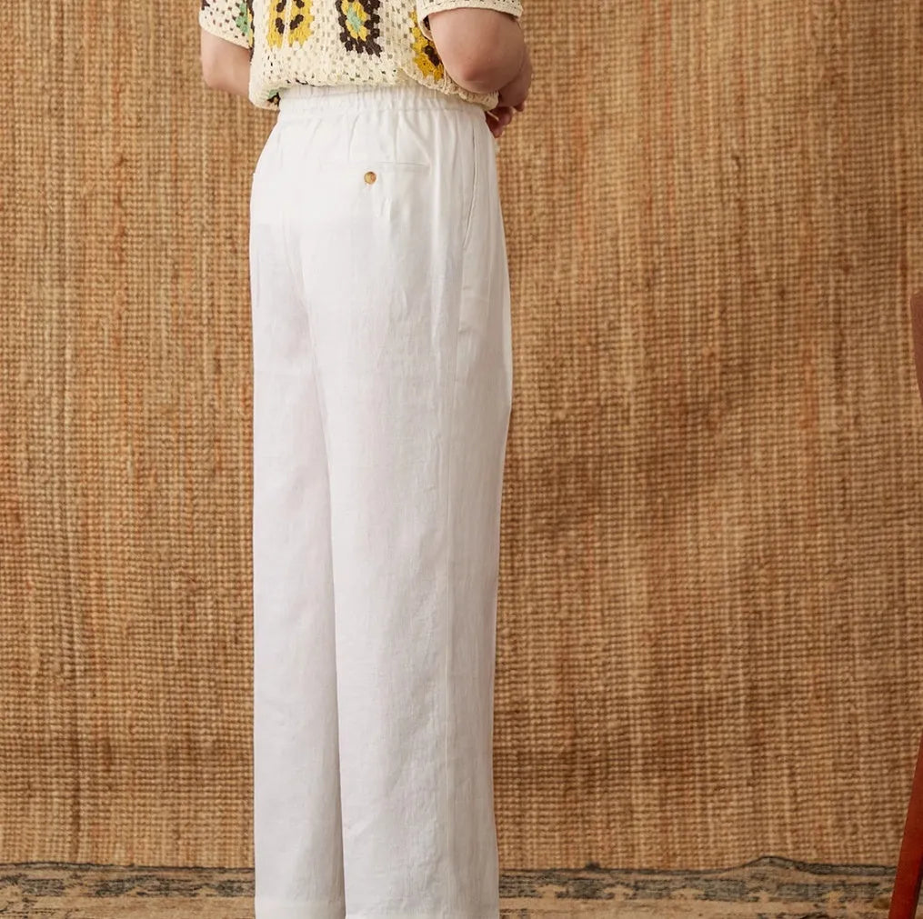 Linen high waist trousers with elasticated waistband in navy blue colour straight-leg design