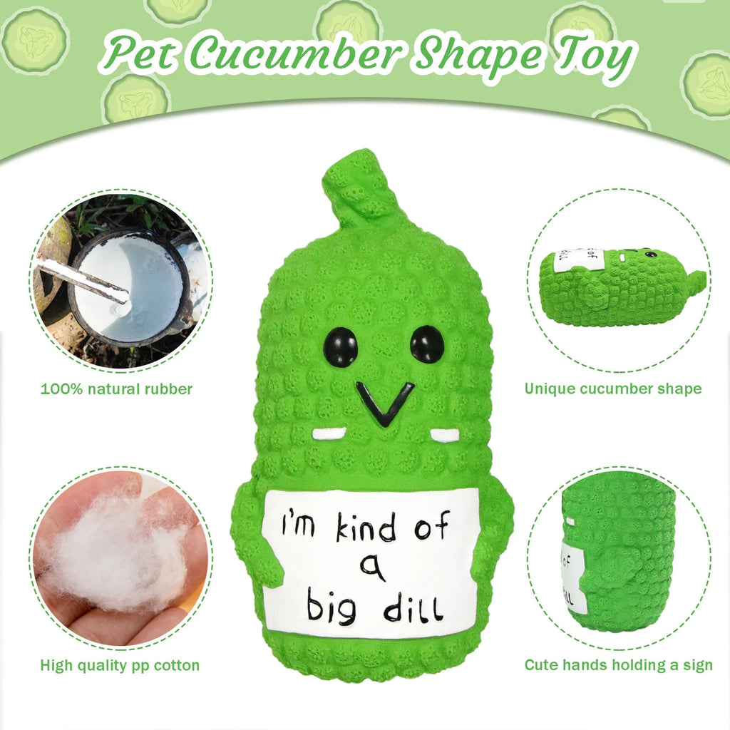 Green pickle-shaped squeaky dog chew toy with textured surface.