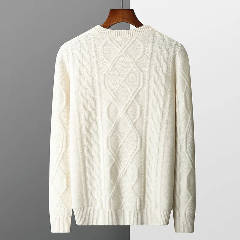 Men's oversized thick knit jacquard pullover sweater in AB Gray with twist round neck and long sleeves