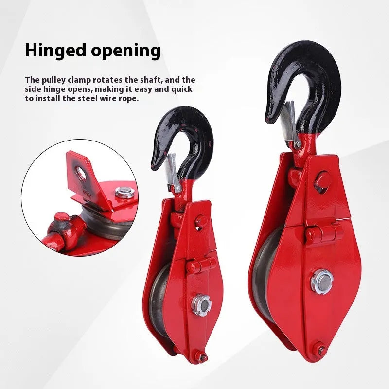 Red industrial lifting pulley with a forged steel safety hook and single wire rope wheel.