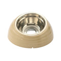 Stainless steel cat bowl in a beige plastic base