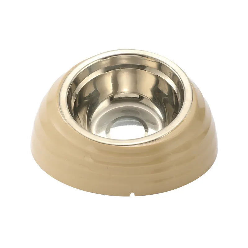 Stainless steel cat bowl in a beige plastic base