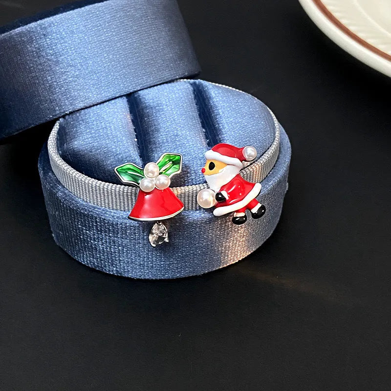 Pair of copper Christmas earrings with gold plating, cartoon Santa figure and jingling bell