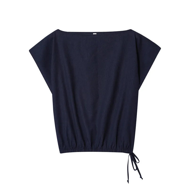 Women's off-neck polyester shirt with flounced sleeves paired with matching wide-leg trousers.