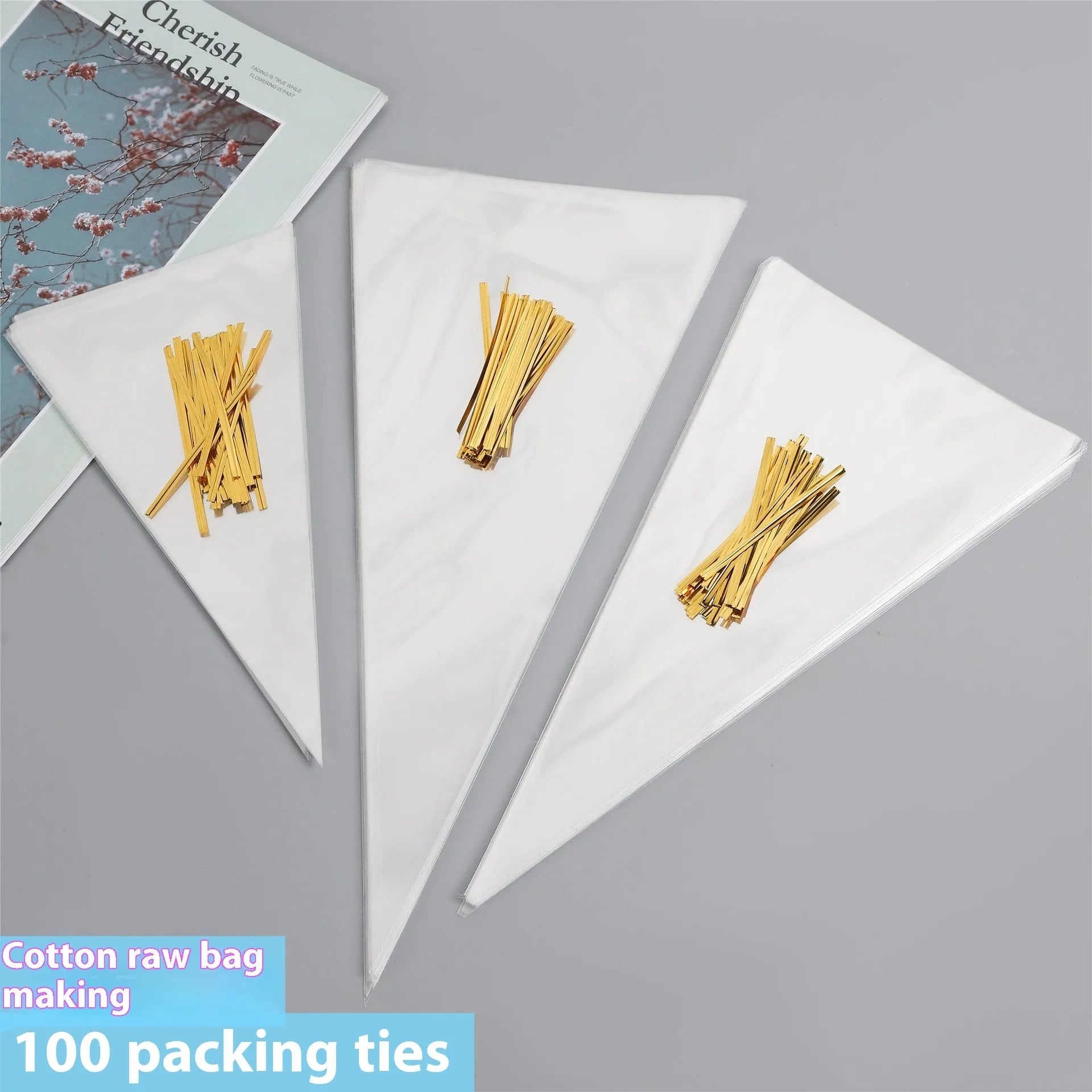 Transparent triangular OPP plastic packaging bags with tie wire closure in three size options