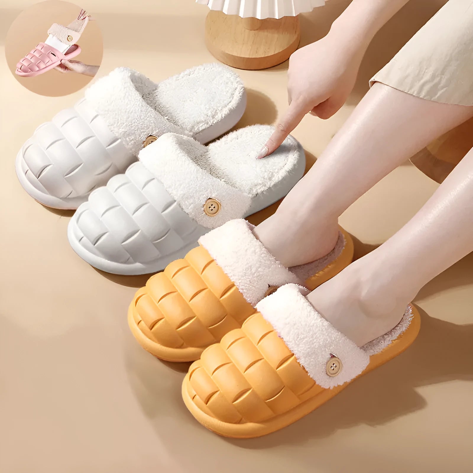 Plaid pattern detachable slippers with EVA sole and plush lining, shown in pink colour.