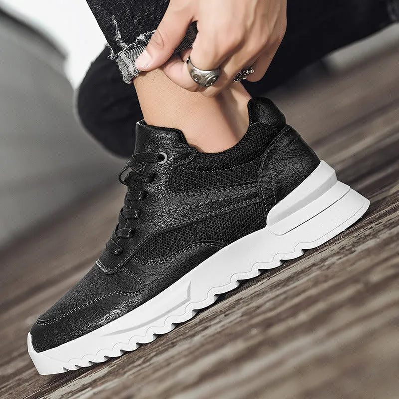 Men's black invisible wedge hidden heel casual sports shoes with synthetic leather upper and rubber sole, side view