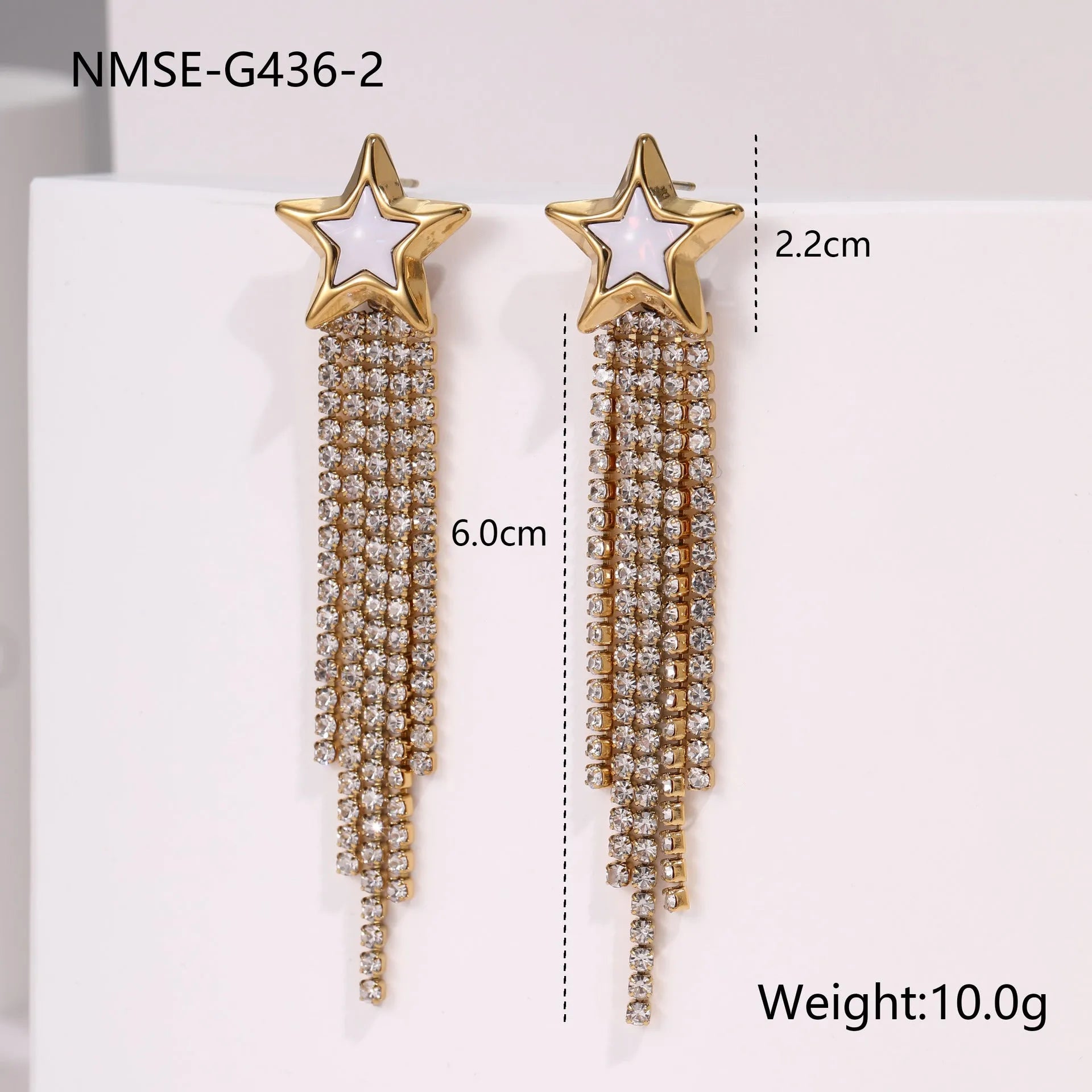 Women's stainless steel earrings with diamond tassel and heart or star shapes, 18K electroplated finish