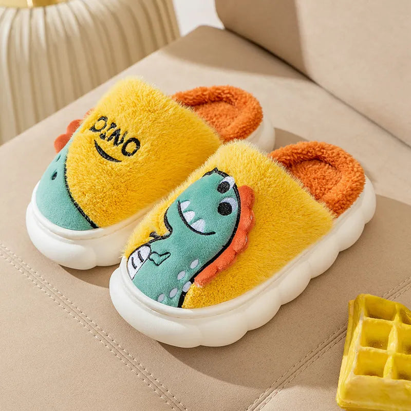 Cotton plush couple slippers with dinosaur themes in coffee, grey and orange colours