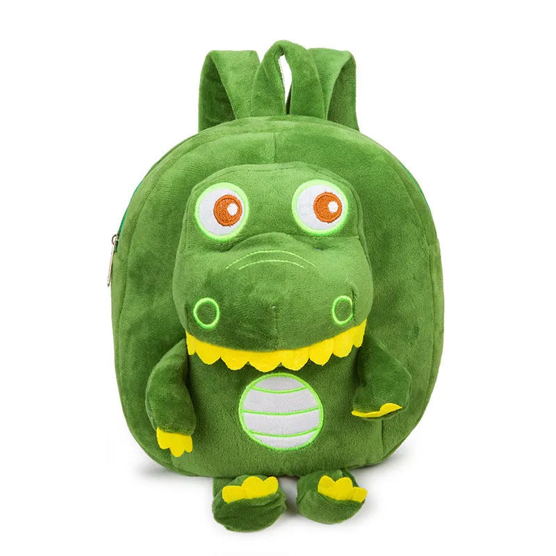 Soft blue dinosaur plush backpack for children with embroidered dinosaur pattern and a soft handle.