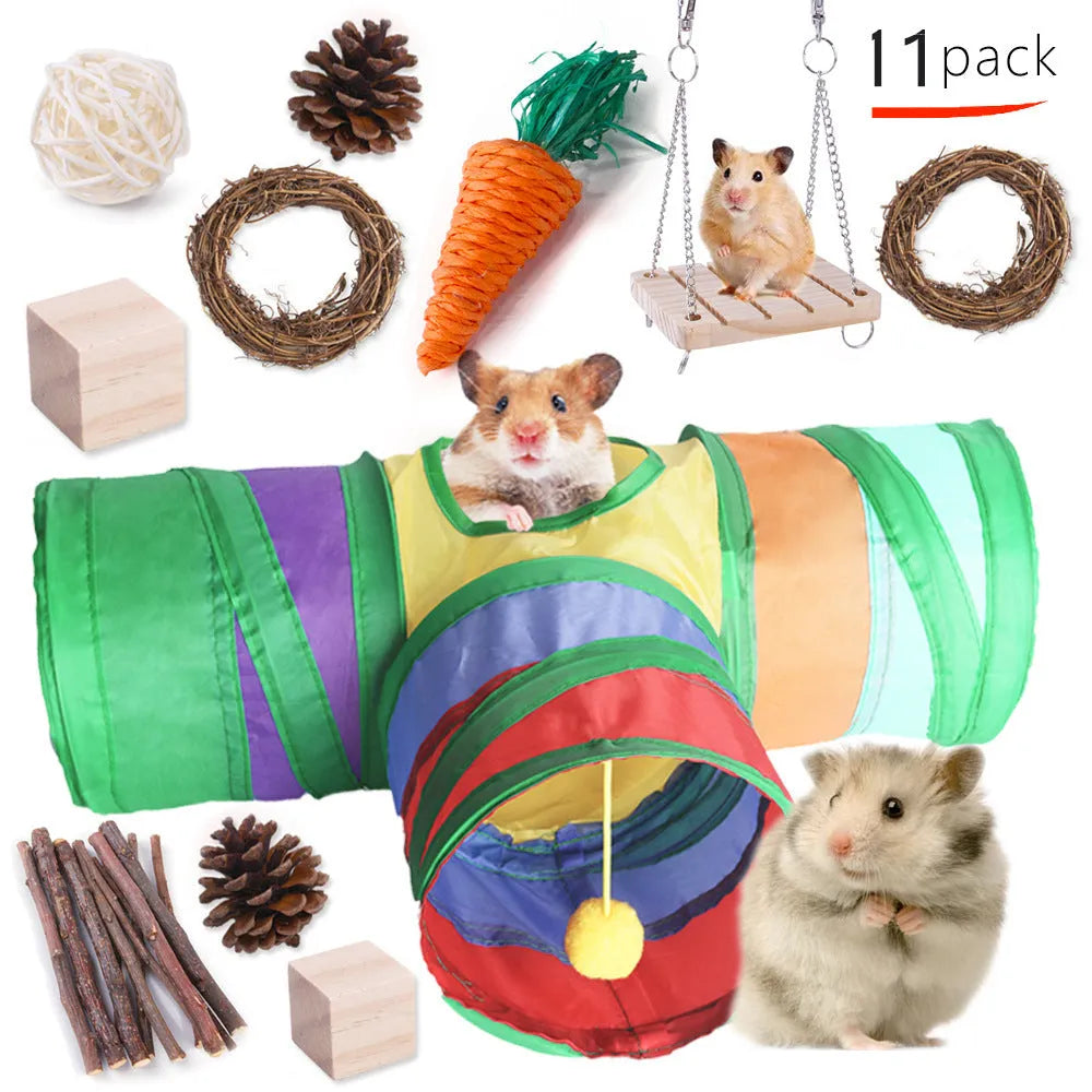 Assortment of natural wooden and woven chew toys for small pets like rabbits and parrots.