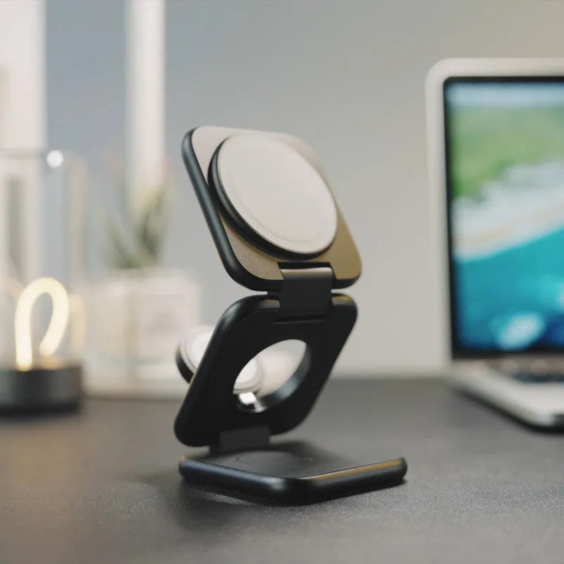 Three-in-one folding magnetic wireless charger for mobile watch headset in black aluminium alloy finish