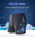 Men's plus size polyester swimming trunks with fire pattern design on black background