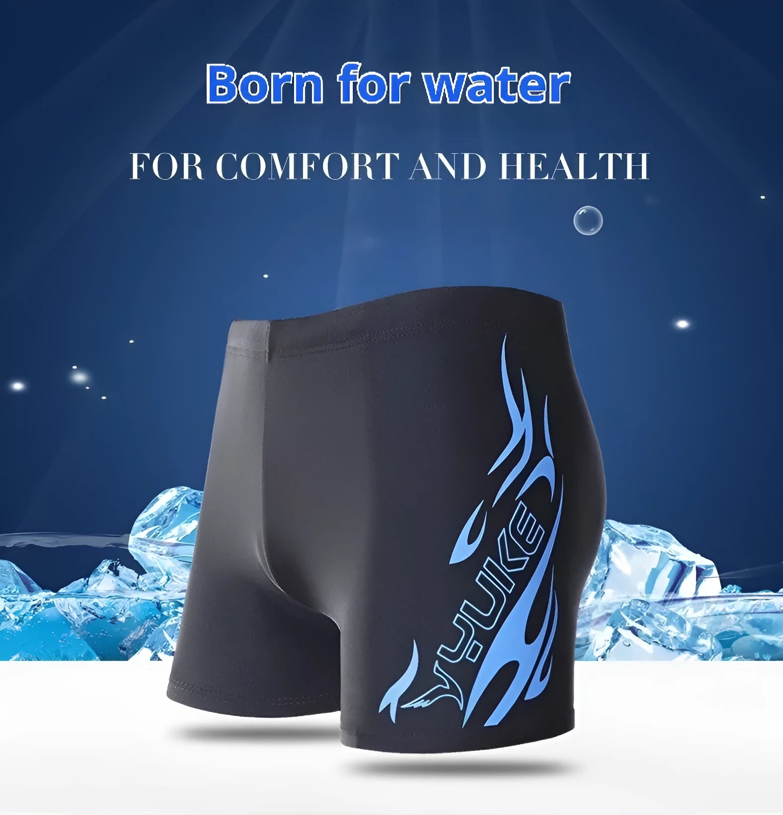Men's plus size polyester swimming trunks with fire pattern design on black background