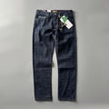 Men's primary colour straight leg denim jeans laid flat, showing mid waist and classic five-pocket design.