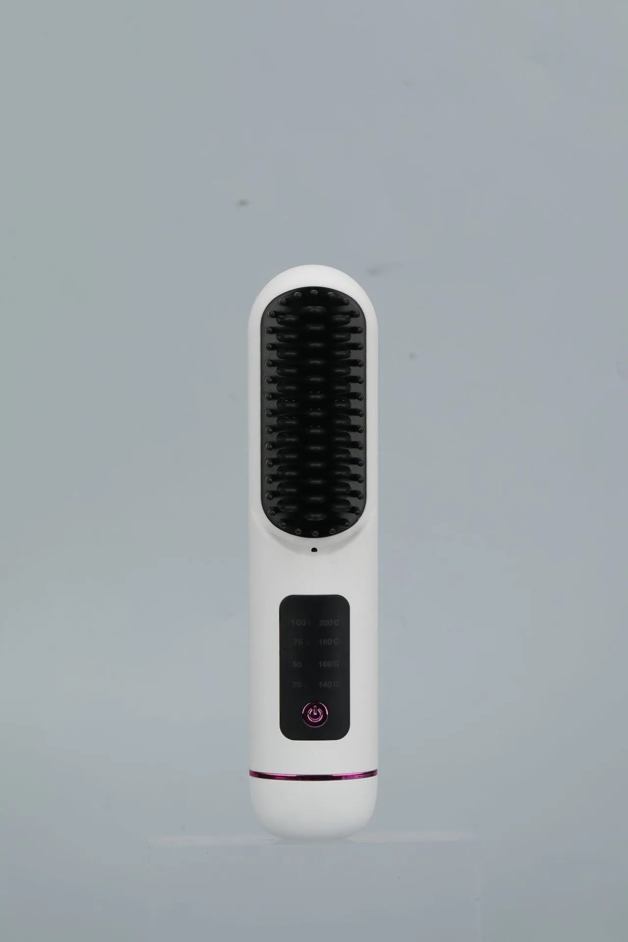 A white portable negative ion hair comb with USB-C charging port, shown alongside dark blue and grey colour options.