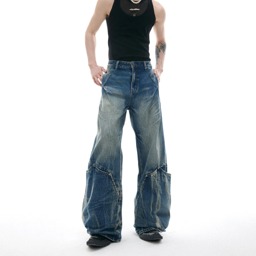 Men's verdant blue retro jeans with burst pattern and curved knife detailing