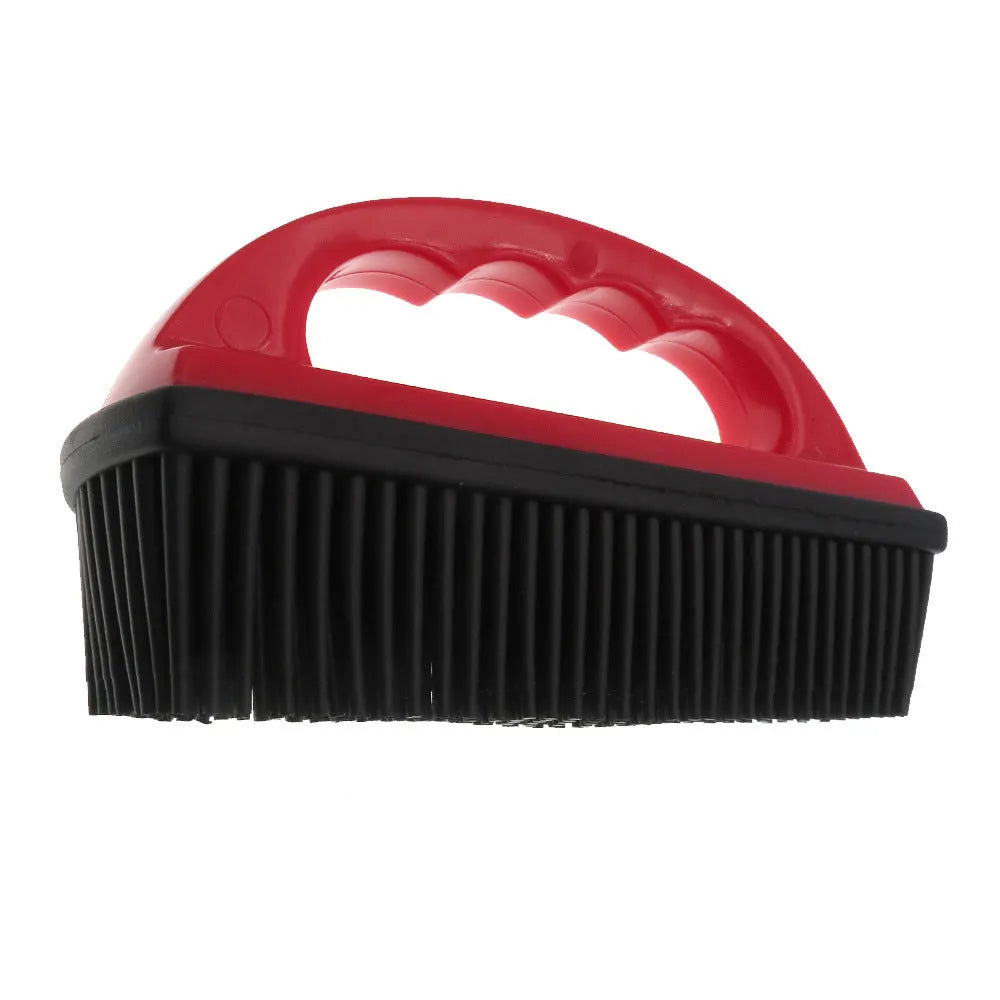 Red pet hair removal brush for grooming and carpet cleaning, dimensions 160mm by 85mm