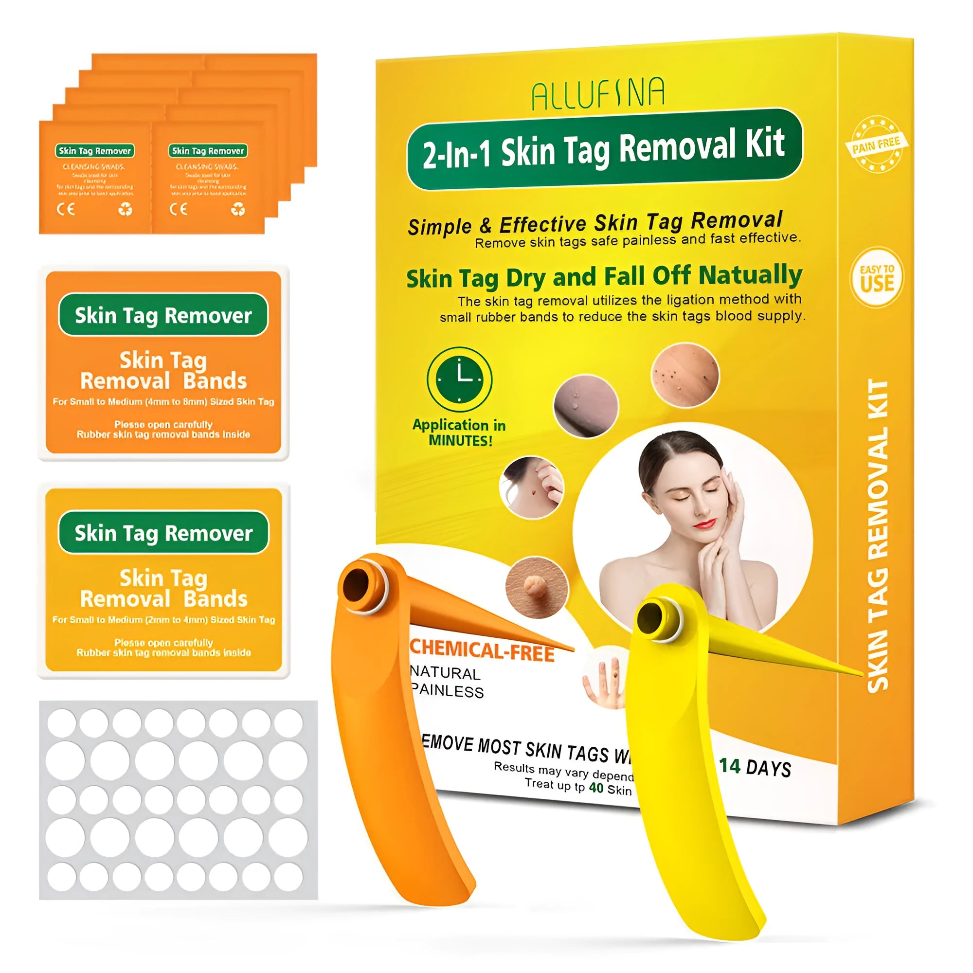Orange yellow wart removal tool kit with cones, rubber rings, alcohol swabs and instruction manual