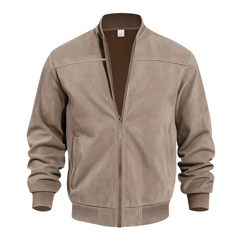 Men's plus size casual jacket in suede fabric, shown in Army Green colour with a front zipper.