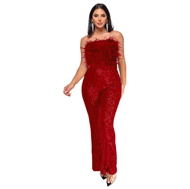 Women's sleeveless backless jumpsuit with flared legs and sequin detailing in wine red colour