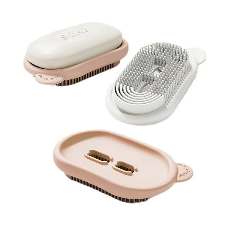 Compact PET travel soap dish in cream white, with a bar of soap on top