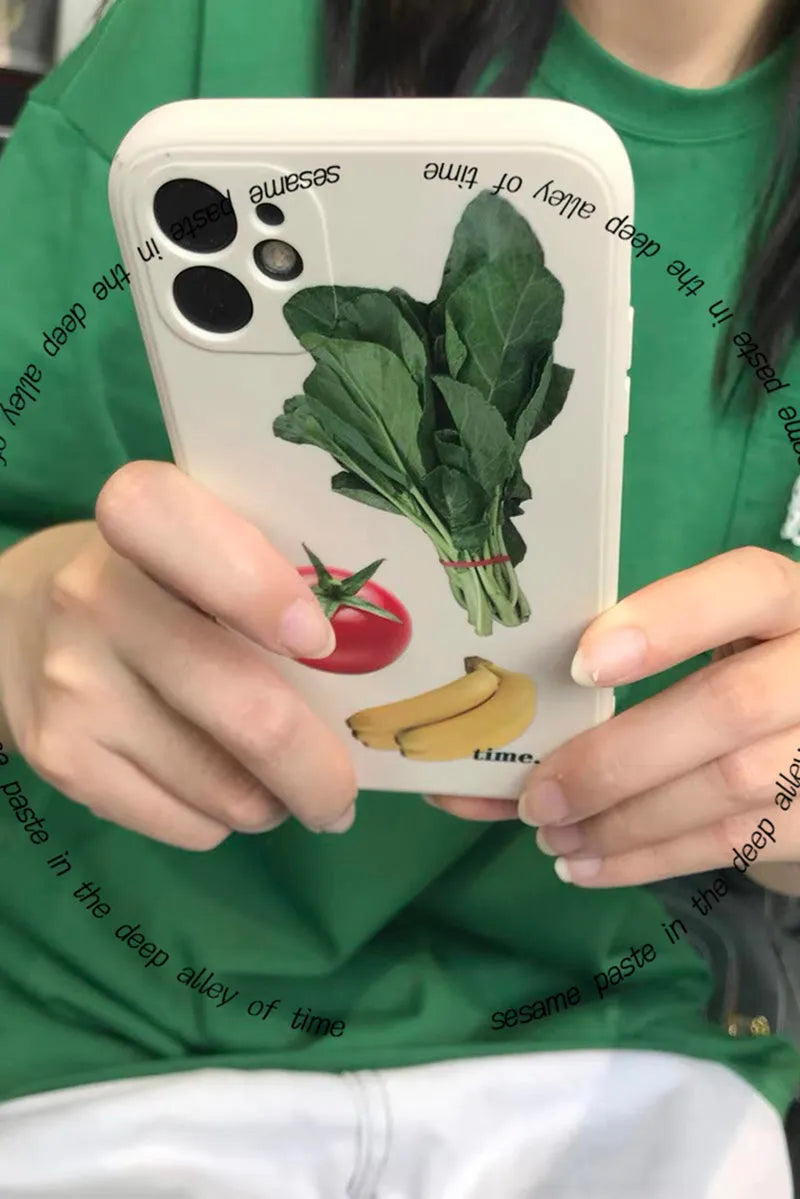 Anti drop liquid silicone phone case with spinach tomato yellow peach art design for iPhone
