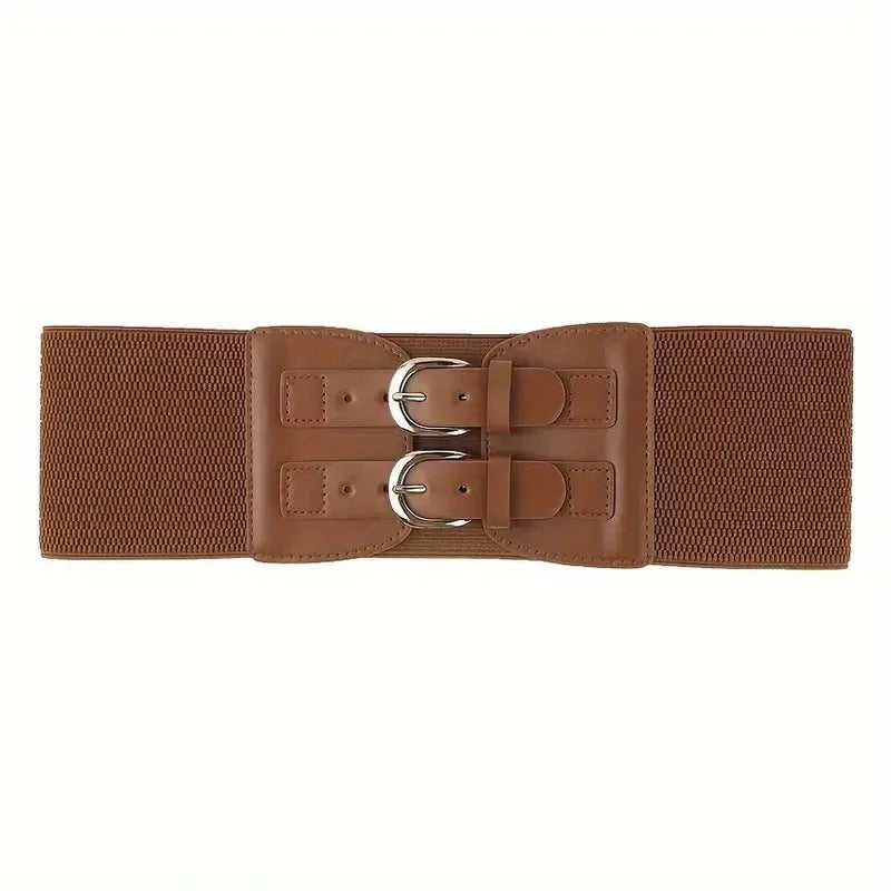 Women's wide black synthetic leather elastic waistband with single loop, adjustable 60-80 cm, on a white background