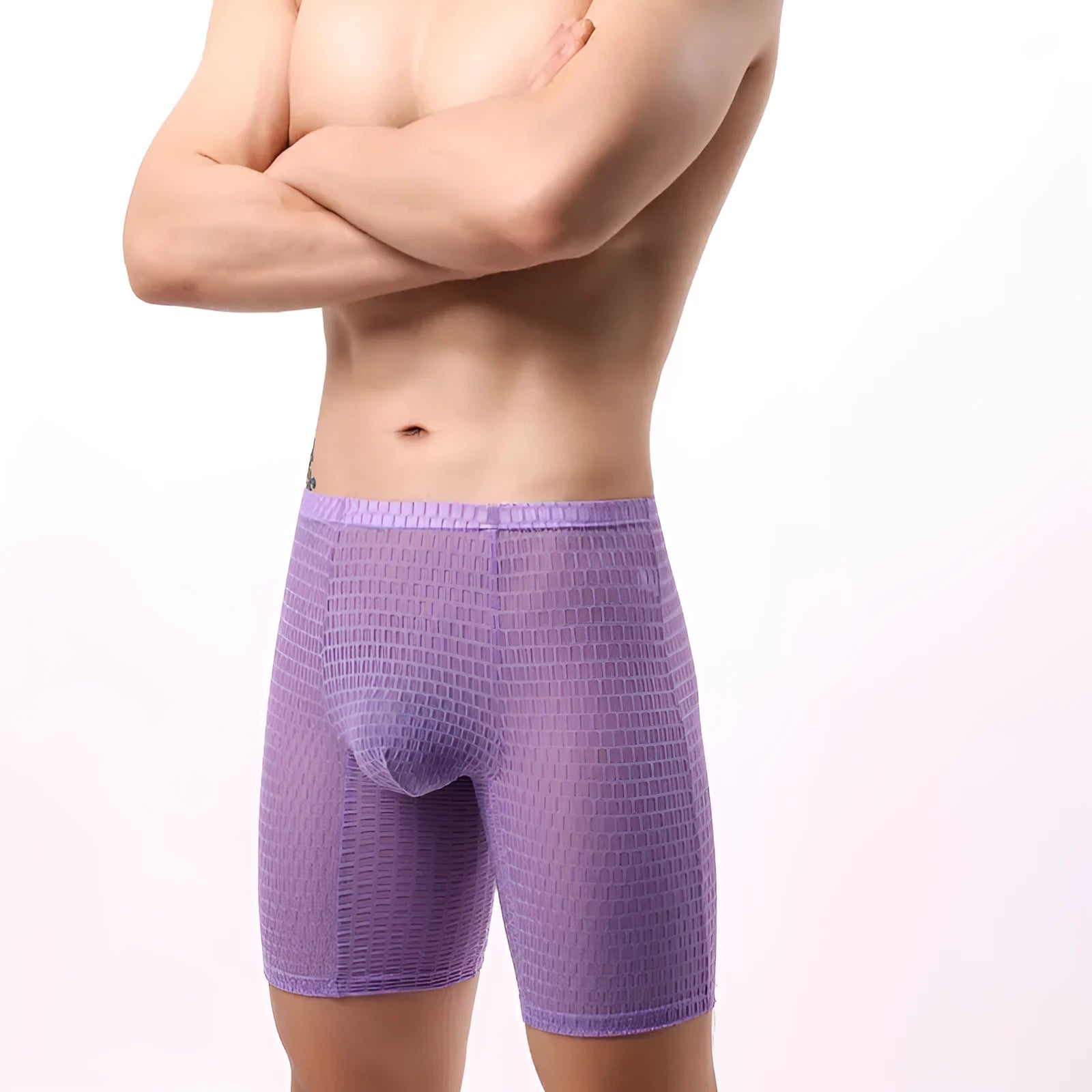 Men's transparent lace boxer shorts in a solid colour on a mid waist lengthened fit.