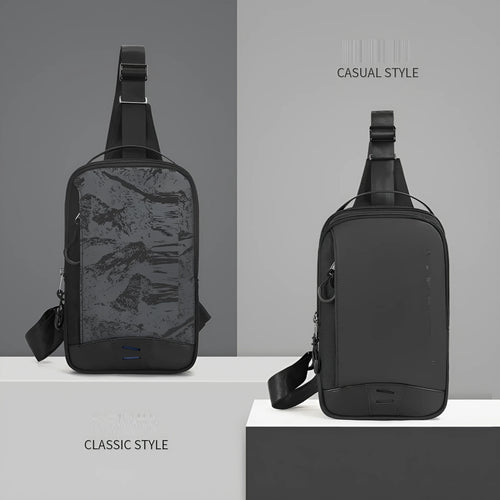 Casual black waterproof TPU chest bag with shoulder strap and internal phone pocket