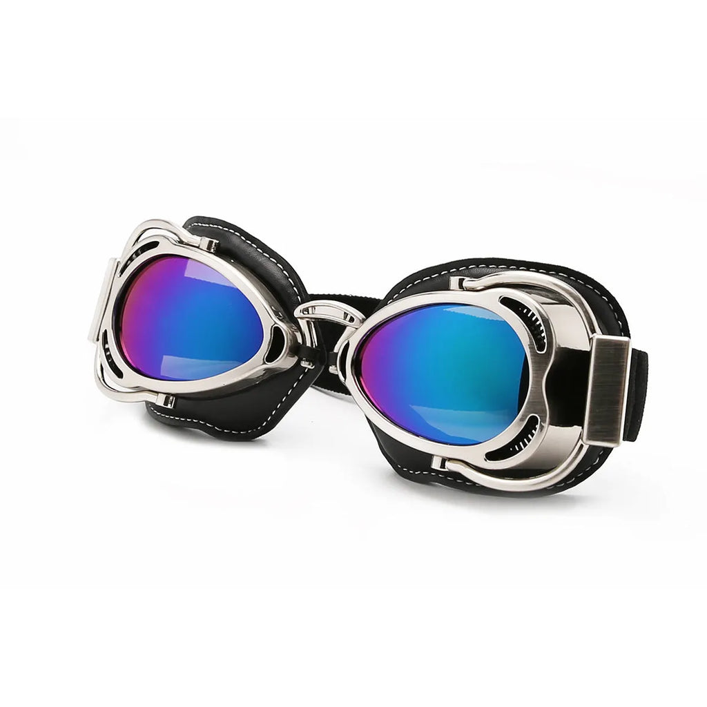 Motorcycle wind-proof glasses with full rim frame, PU material, and REVO reflective lenses, available in multiple colours