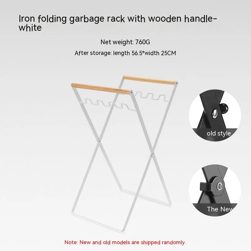 Wooden handle wrought iron folding outdoor trash storage hanger in black or white finish