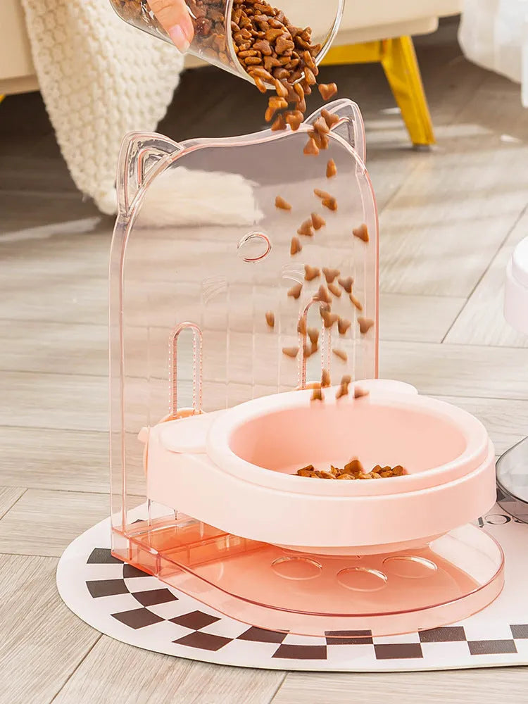 Grey cat feeding bowl with cat ears neck protection collar and adjustable height mechanism