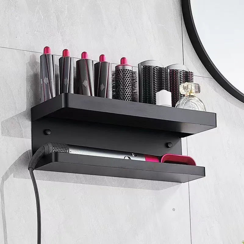 Aluminium punch-free bathroom storage rack holding 7 hair curlers in Marcel waver shape