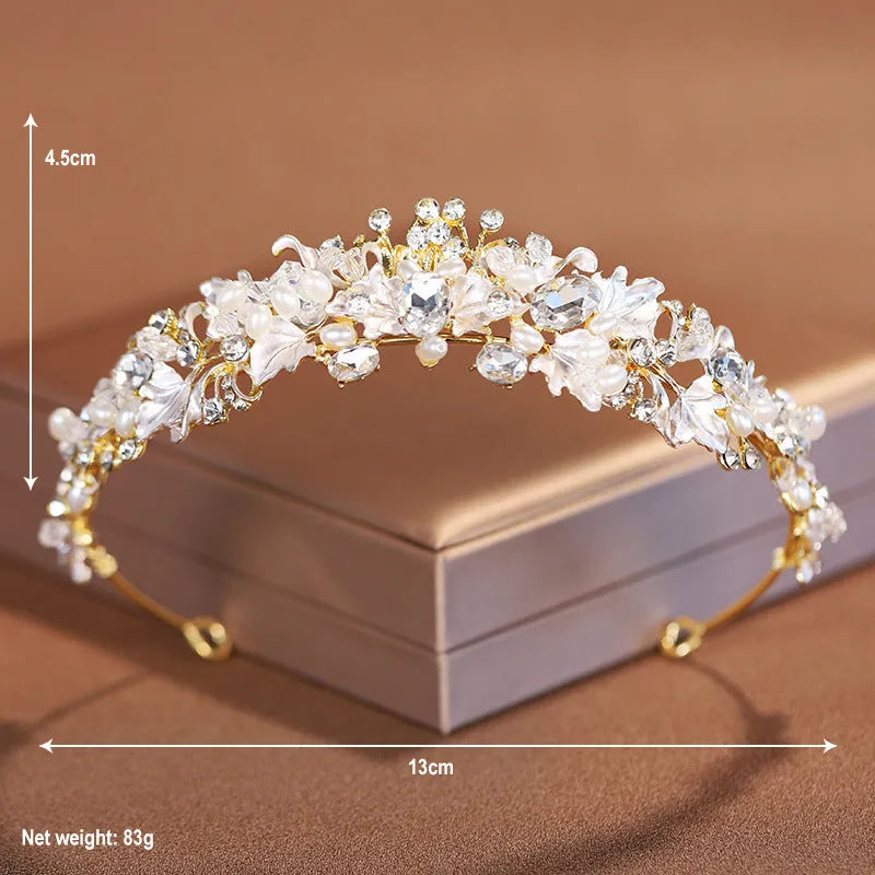 Gold and silver alloy crown headdress with pearls for weddings and birthdays