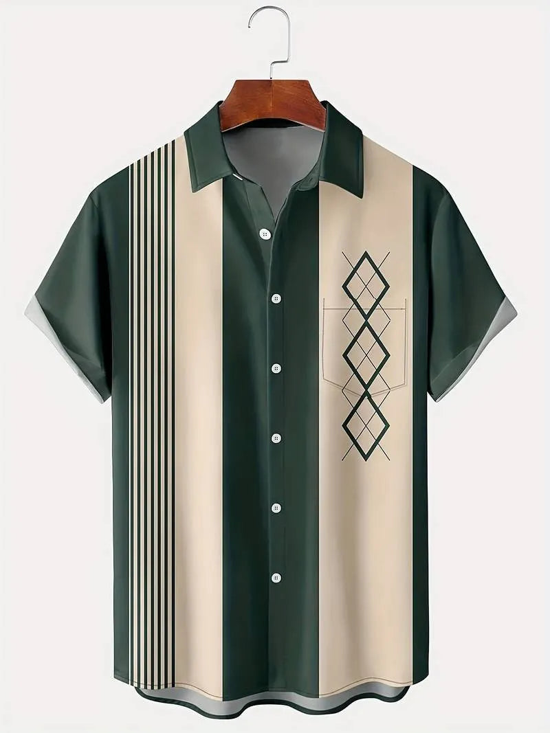 Men's plaid short-sleeve shirt cardigan with contrast lapel in elastic polyester fabric