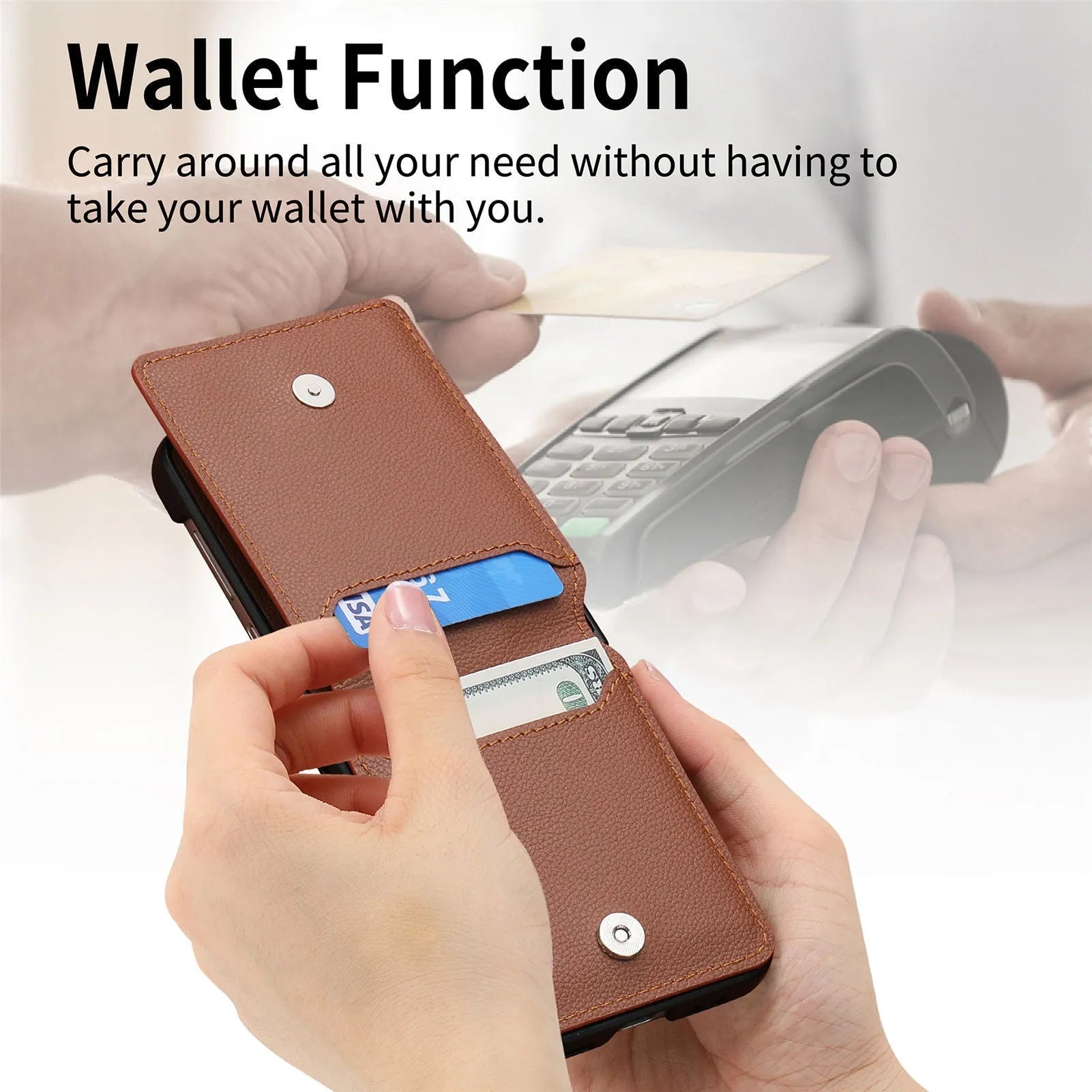 Samsung Z Flip phone case in black with ring bracket and magnetic back, shockproof PC design