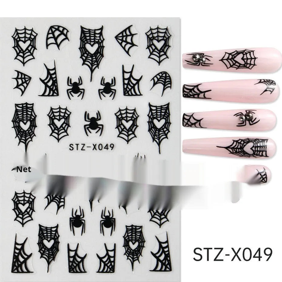 Pack of black and silver striped nail art stickers with cartoon and love pattern designs.