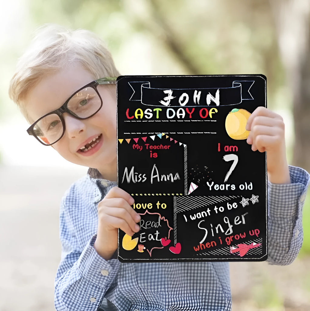 Wooden first day of school blackboard sign measuring 25.5 by 30 centimetres