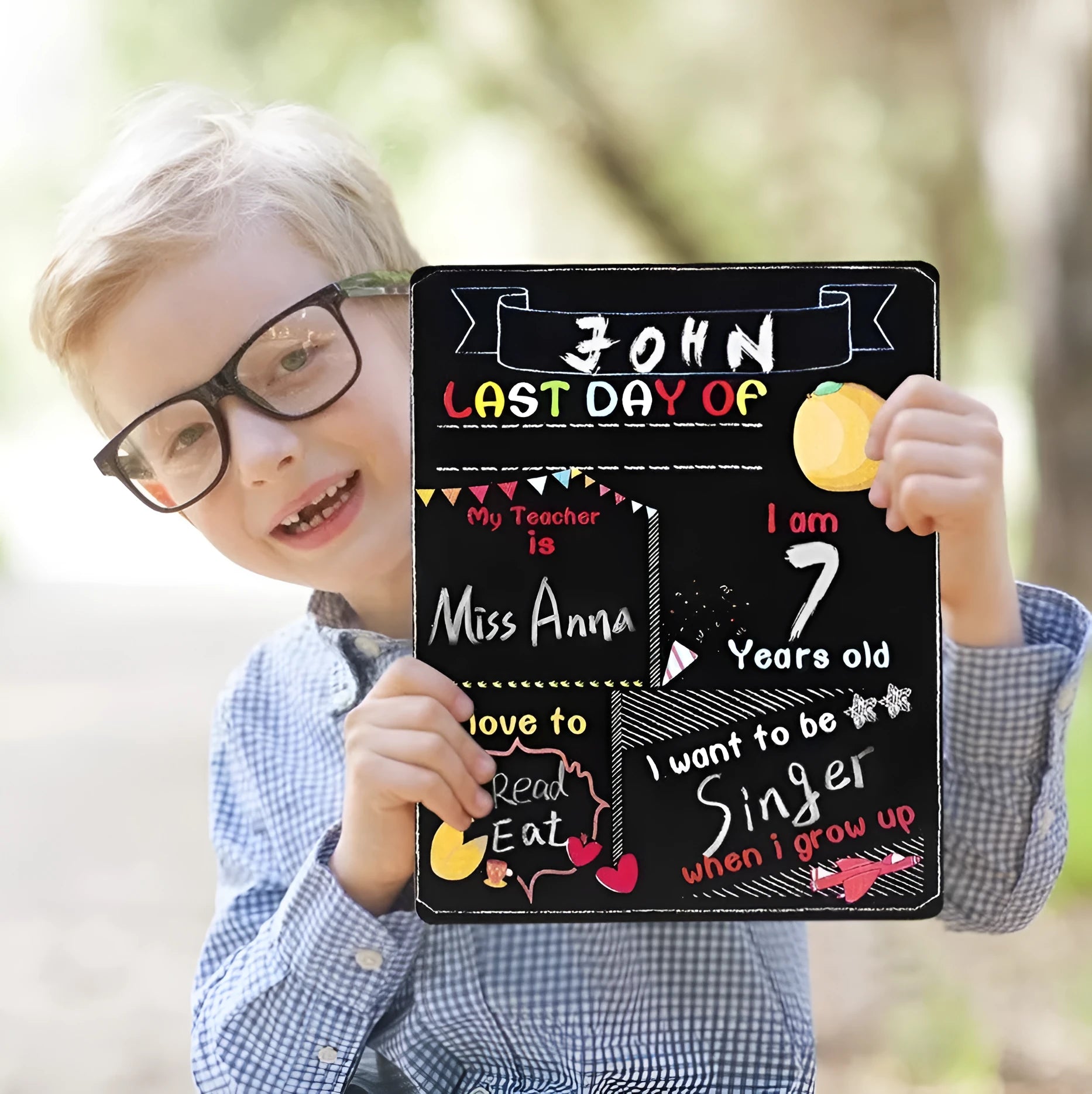 Wooden first day of school blackboard sign measuring 25.5 by 30 centimetres