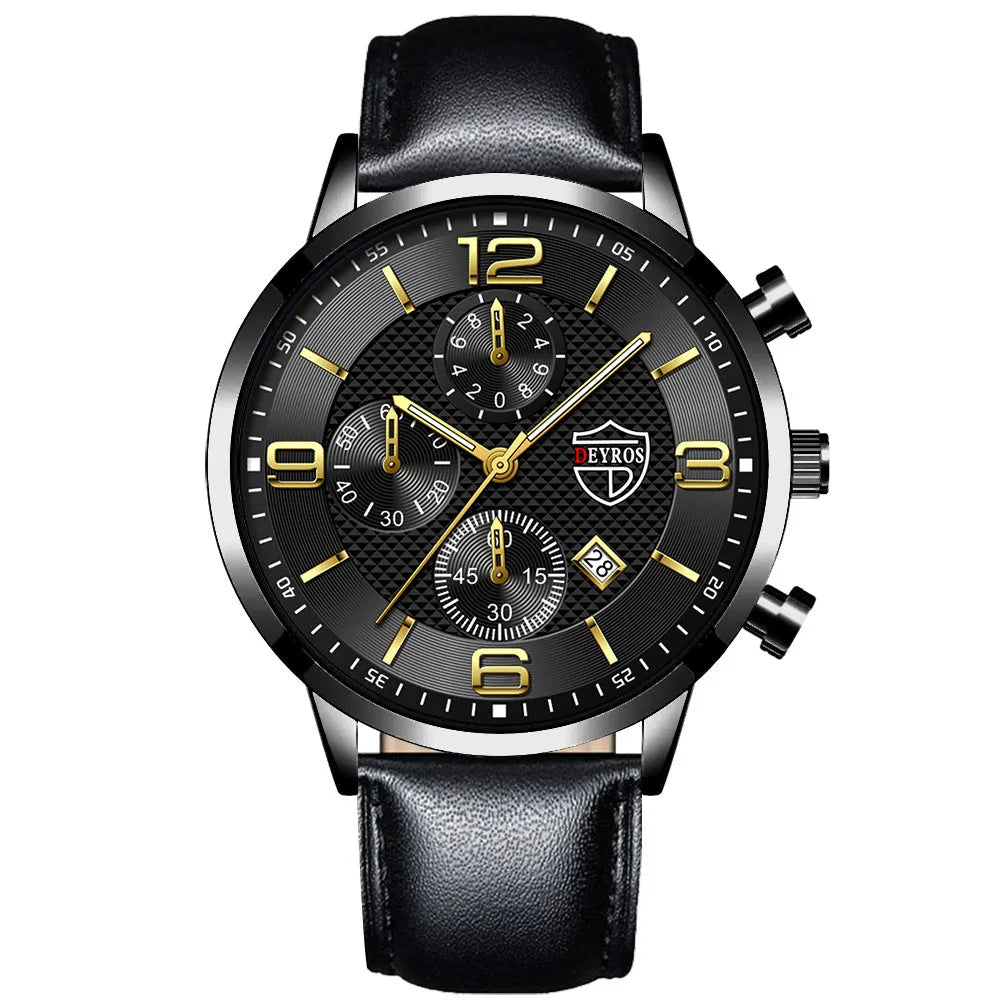 Men's calendar quartz watch with 42mm round alloy case, white dial, date window, and pin buckle on a black band
