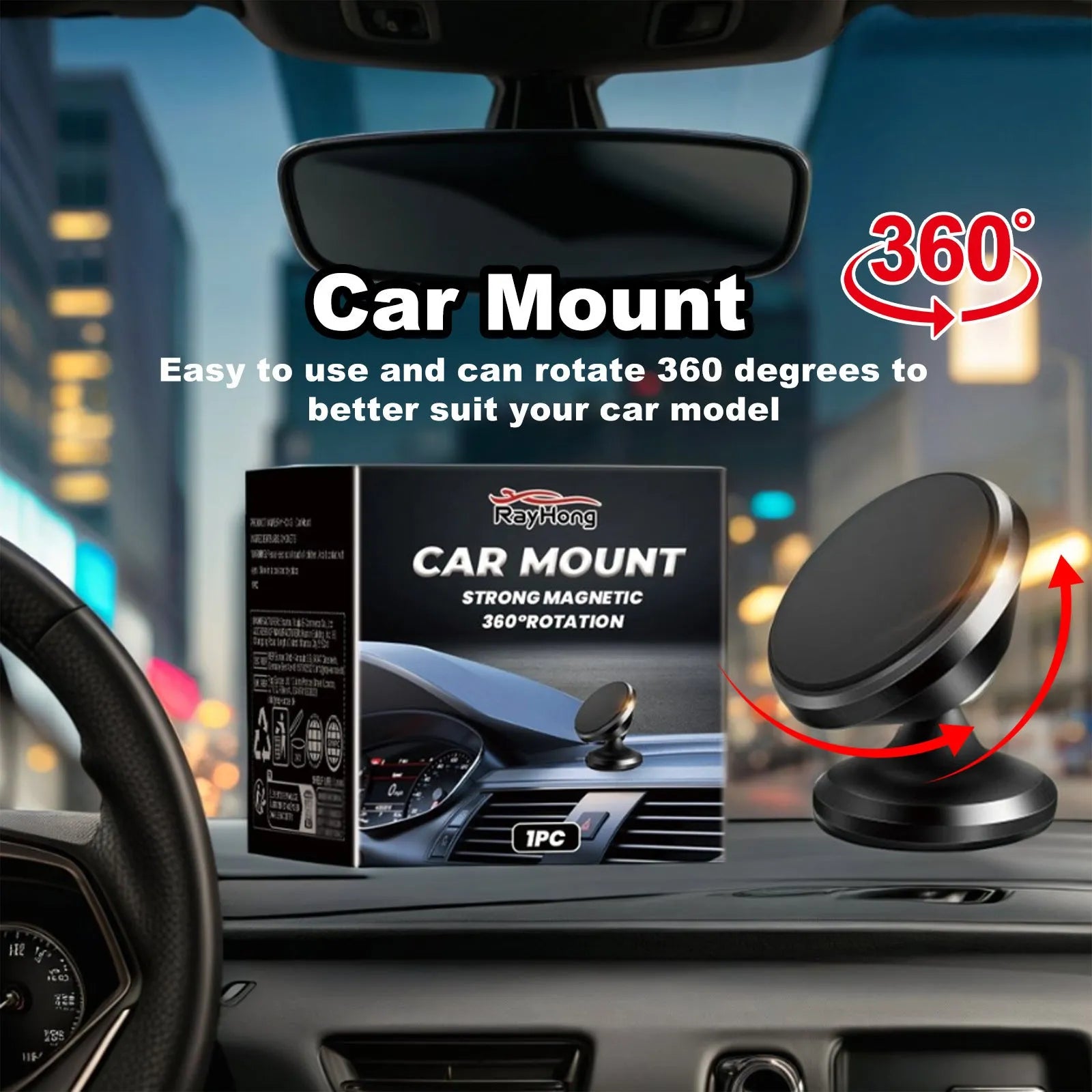 Black magnetic car foldable phone holder with compact 3.2x3.5 cm size, ABS material, for dashboard windscreen desk use