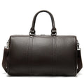 Men's leather tote bag in black and coffee colours showing single strap design and cowhide texture