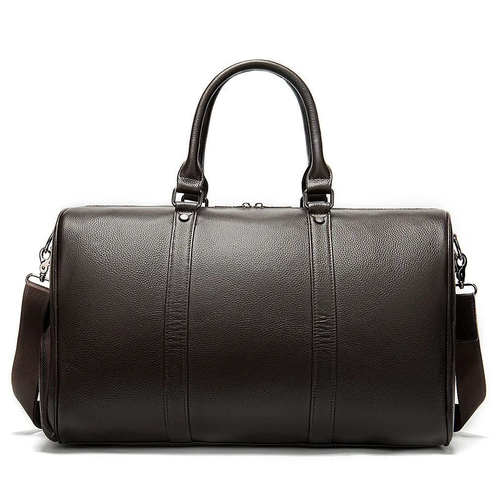 Men's leather tote bag in black and coffee colours showing single strap design and cowhide texture