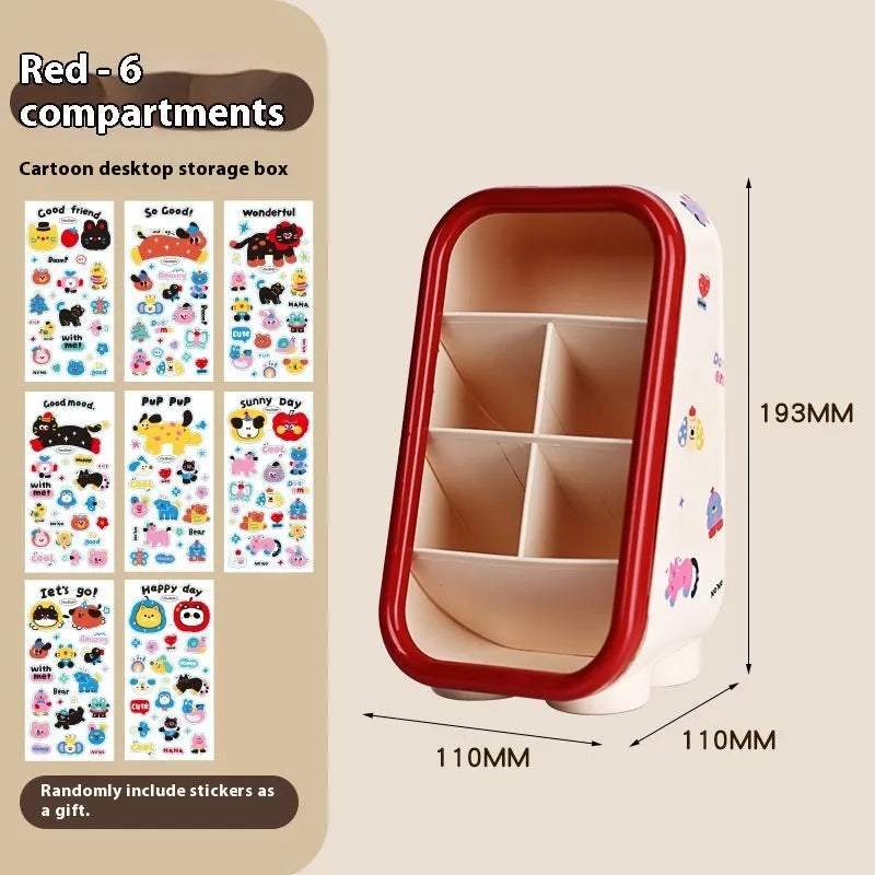 Cartoon-style red and brown plastic desktop storage organiser with 2L capacity and organisation stickers.