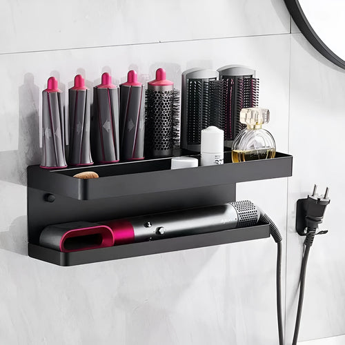 Aluminium punch-free bathroom storage rack holding 7 hair curlers in Marcel waver shape