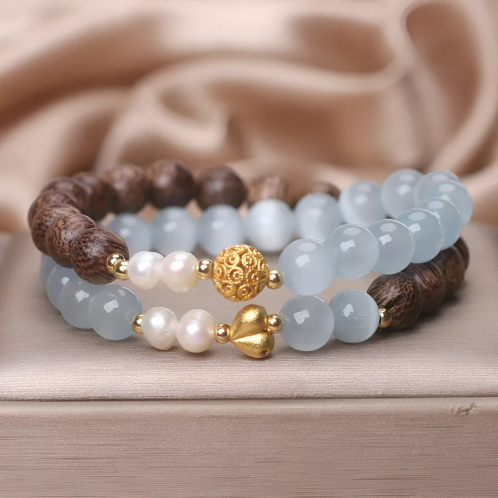 Natural agarwood opal double ring bracelet with light blue crystal lotus seedpod centrepiece, women's ethnic style
